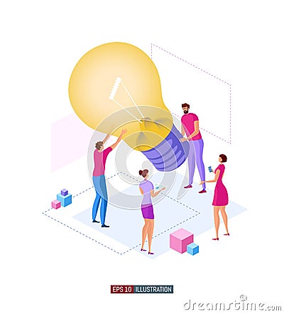 Office workers planning business mechanism, analyze business strategy and exchange ideas. Light bulb. Teamwork concept. Vector Illustration